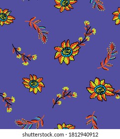 Antecedentes aislados por dibujo manual de flores folclóricas étnicas hojas y ramas que repiten patrón vectorial