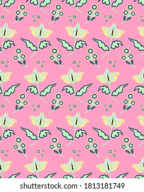 Abstract Hand Drawing Ethnic Folk Flowers and Leaves Repeating Vector Pattern Isolated Background