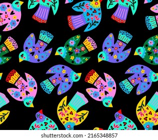 Abstract Hand Drawing Ethnic Folk Traditional Flying Birds Seamless Vector Pattern Isolated Background