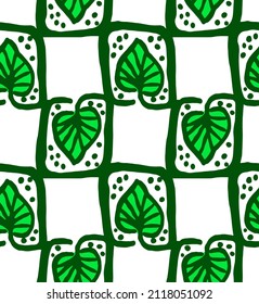 Abstract Hand Drawing Ethnic Geometric Squared Tile Leaves Oriental Seamless Vector Pattern Isolated Background 