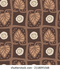 Abstract Hand Drawing Ethnic Geometric Squared Leaves and Oriental Flowers Seamless Vector Pattern Isolated Background 