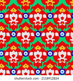 Abstract Hand Drawing Ethnic Geometric Traditional Shapes with Evil Eye Beads Seamless Vector Pattern Isolated Background