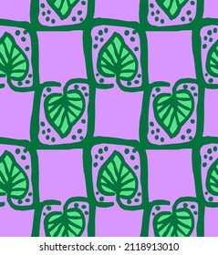 Abstract Hand Drawing Ethnic Geometric Squared Tile Leaves Oriental Seamless Vector Pattern Isolated Background 