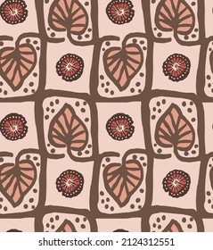 Abstract Hand Drawing Ethnic Geometric Squared Leaves and Oriental Flowers Seamless Vector Pattern Isolated Background 