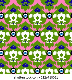 Abstract Hand Drawing Ethnic Geometric Traditional Shapes with Evil Eye Beads Seamless Vector Pattern Isolated Background