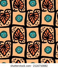 Abstract Hand Drawing Ethnic Geometric Squared Leaves and Oriental Flowers Seamless Vector Pattern Isolated Background 