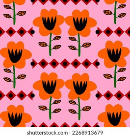 Abstract Hand Drawing Ethnic Geometric Flowers and Leaves Seamless Vector Pattern Isolated Background