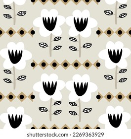 Abstract Hand Drawing Ethnic Geometric Flowers and Leaves Seamless Vector Pattern Isolated Background