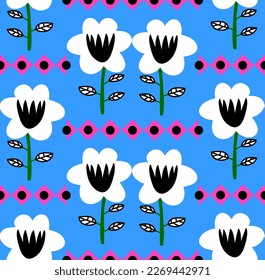 Abstract Hand Drawing Ethnic Geometric Flowers and Leaves Seamless Vector Pattern Isolated Background