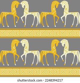 Abstract Hand Drawing Ethnic Horses with Greek Key Borders Seamless Vector Pattern Isolated Background