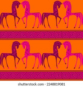 Abstract Hand Drawing Ethnic Horses with Greek Key Borders Seamless Vector Pattern Isolated Background