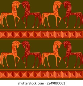 Abstract Hand Drawing Ethnic Horses with Greek Key Borders Seamless Vector Pattern Isolated Background