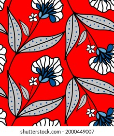 Abstract Hand Drawing Ethnic Oriental Folk Flowers and Leaves Seamless Vector Pattern Isolated Background