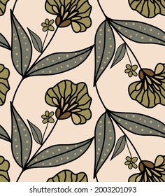 Abstract Hand Drawing Ethnic Oriental Folk Flowers and Leaves Seamless Vector Pattern Isolated Background