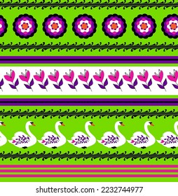 Abstract Hand Drawing Ethnic Swans Tulips Circles and Ornamental Borders Seamless Vector Pattern Isolated Background