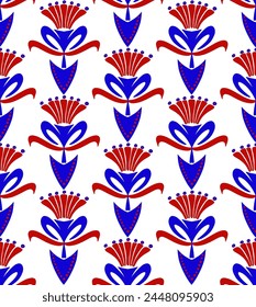 Abstract Hand Drawing Ethnic Tile Art Deco Geometric Tulip Damask Flowers and Leaves Seamless Textile Vector Pattern Isolated Background