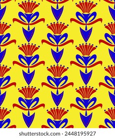 Abstract Hand Drawing Ethnic Tile Art Deco Geometric Tulip Damask Flowers and Leaves Seamless Textile Vector Pattern Isolated Background