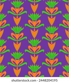 Abstract Hand Drawing Ethnic Tile Art Deco Geometric Tulip Damask Flowers and Leaves Seamless Textile Vector Pattern Isolated Background