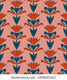 Abstract Hand Drawing Ethnic Tile Art Deco Geometric Tulip Damask Flowers and Leaves Seamless Textile Vector Pattern Isolated Background