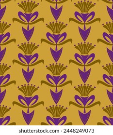 Abstract Hand Drawing Ethnic Tile Art Deco Geometric Tulip Damask Flowers and Leaves Seamless Textile Vector Pattern Isolated Background