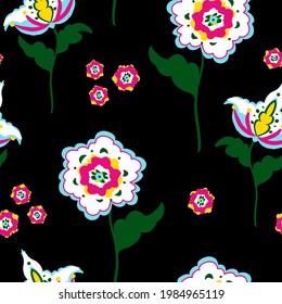 Abstract Hand Drawing Ethnic Traditional Flowers and Leaves Seamless Vector Pattern Isolated Background