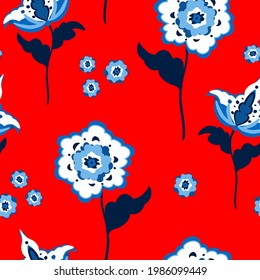 Abstract Hand Drawing Ethnic Traditional Flowers and Leaves Seamless Vector Pattern Isolated Background