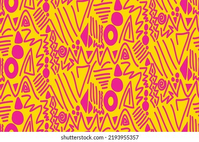 Abstract Hand Drawing Ethnic Traditional Geometric Shapes Dots Triangles Lines Symbols Seamless Vector Pattern Isolated Background