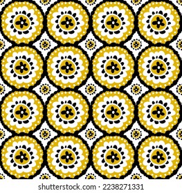 Abstract Hand Drawing Ethnic Traditional Bohemian Tile Flowers Circles Seamless Vector Pattern Isolated Background