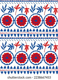 Abstract Hand Drawing Ethnic Traditional Bohemian Tile Flowers Leaves Triangles Dots and Geometric Shapes Borders Seamless Vector Pattern Isolated Background
