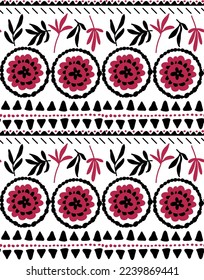 Abstract Hand Drawing Ethnic Traditional Bohemian Tile Flowers Leaves Triangles Dots and Geometric Shapes Borders Seamless Vector Pattern Isolated Background