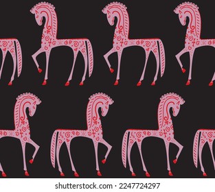 Abstract Hand Drawing Ethnic Traditional Horses Seamless Vector Pattern Isolated Background