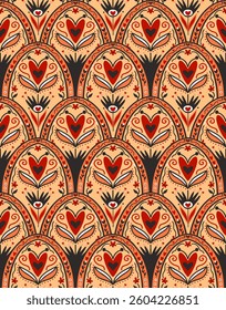 Abstract Hand Drawing Ethnic Traditional African Damask Floral Ornamental Bohemian Motif Seamless Vector Pattern Isolated Background