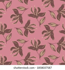 Abstract Hand Drawing Exotic Tropical Flowers and Leaves Repeating Vector Pattern Isolated Background