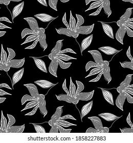 Abstract Hand Drawing Exotic Tropical Flowers and Leaves Repeating Vector Pattern Isolated Background