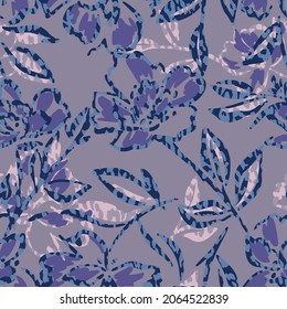 Abstract Hand Drawing Exotic Tropical Hibiscus Flowers and Leaves with Leopard Skin Texture Seamless Vector Pattern Isolated Background