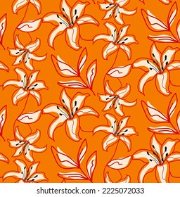 Abstract Hand Drawing Exotic Tropical Lily Hibiscus Flowers and Leaves Seamless Vector Pattern Isolated Background