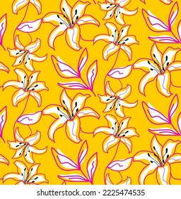 Abstract Hand Drawing Exotic Tropical Lily Hibiscus Flowers and Leaves Seamless Vector Pattern Isolated Background