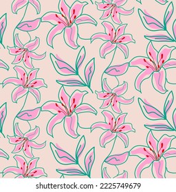 Abstract Hand Drawing Exotic Tropical Lily Hibiscus Flowers and Leaves Seamless Vector Pattern Isolated Background