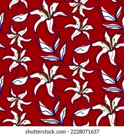 Abstract Hand Drawing Exotic Tropical Lily Hibiscus Flowers and Leaves Seamless Vector Pattern Isolated Background