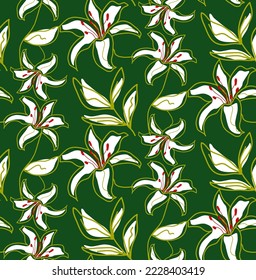 Abstract Hand Drawing Exotic Tropical Lily Hibiscus Flowers and Leaves Seamless Vector Pattern Isolated Background