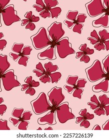 Abstract Hand Drawing Exotic Tropical Hibiscus Flowers and Leaves Seamless Vector Pattern Isolated Background