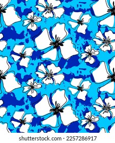 Abstract Hand Drawing Exotic Tropical Hibiscus Flowers and Leaves Seamless Vector Pattern with Camouflage Brush Strokes Isolated Background