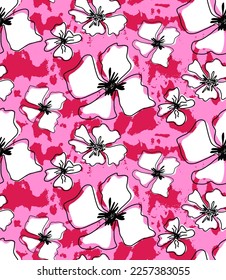 Abstract Hand Drawing Exotic Tropical Hibiscus Flowers and Leaves Seamless Vector Pattern with Camouflage Brush Strokes Isolated Background