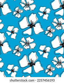 Abstract Hand Drawing Exotic Tropical Hibiscus Flowers and Leaves Seamless Vector Pattern Isolated Background