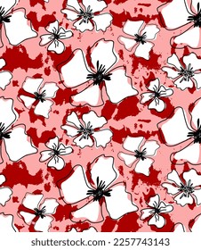 Abstract Hand Drawing Exotic Tropical Hibiscus Flowers and Leaves Seamless Vector Pattern with Camouflage Brush Strokes Isolated Background
