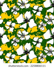 Abstract Hand Drawing Exotic Tropical Hibiscus Flowers and Leaves Seamless Vector Pattern with Camouflage Brush Strokes Isolated Background