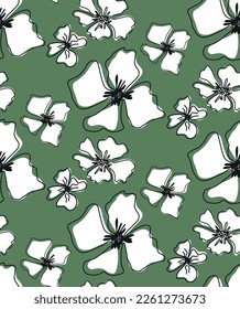 Abstract Hand Drawing Exotic Tropical Hibiscus Flowers and Leaves Seamless Vector Pattern Isolated Background