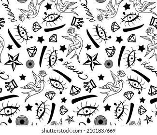 Abstract Hand Drawing Eyes Swallows Love Text Diamonds and Stars Tattoo Shapes Seamless Vector Pattern Isolated Background