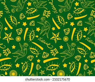 Abstract Hand Drawing Eyes Swallows Love Text Diamonds and Stars Tattoo Shapes Seamless Vector Pattern Isolated Background