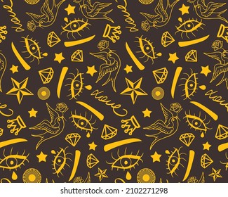 Abstract Hand Drawing Eyes Swallows Love Text Diamonds and Stars Tattoo Shapes Seamless Vector Pattern Isolated Background